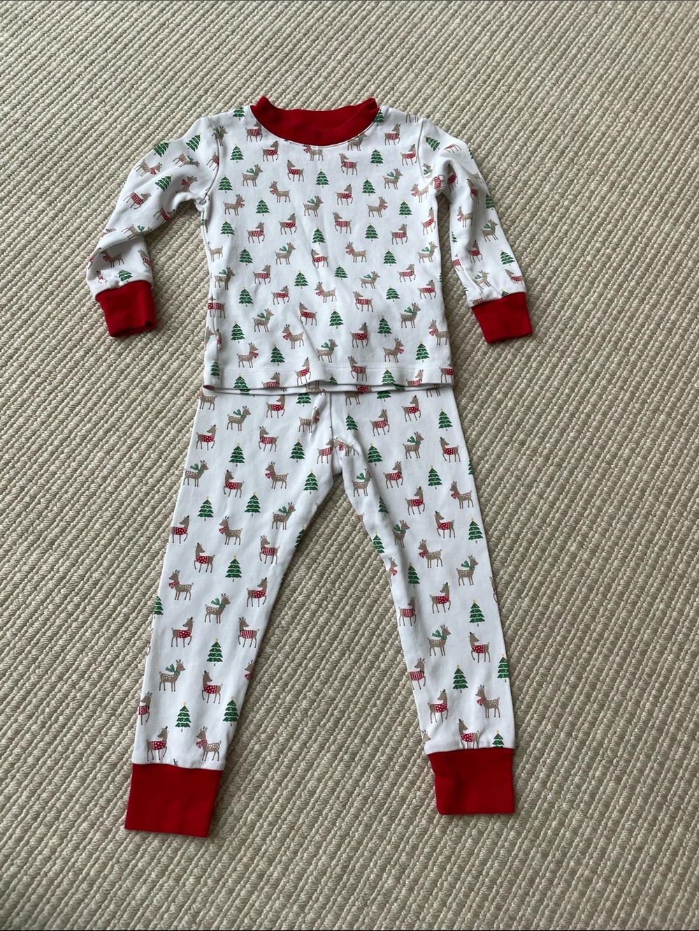 Kissy Kissy White Pajama Set with Red Trim and Reindeer Print